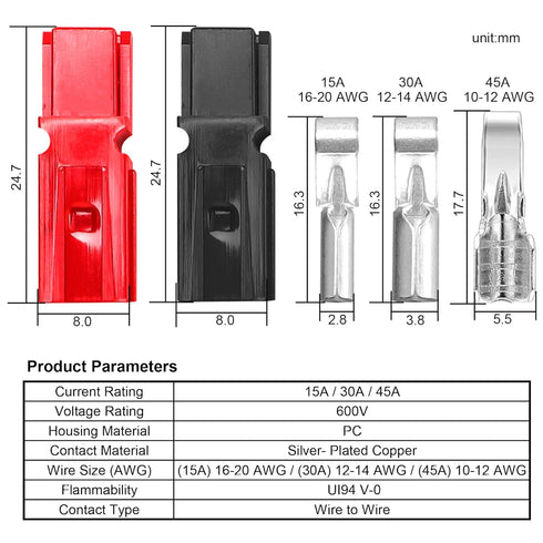 Power Connectors Assortment Kit - Quick-Disconnect Battery Terminals & Modular Terminals (60 PCS/15 Pairs)