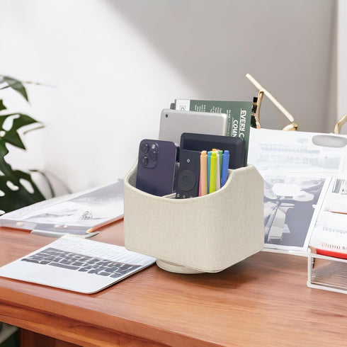 UnionBasic 360 Degree Rotating Desk Organizer, Spinning Caddy for TV Guide, Mail, Media, Remote Holder, Beige Leather