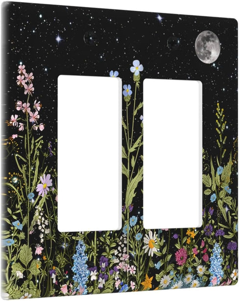 Boho Wild Flowers Herbs Floral Decorative Light Switch Cover Plate Vintage Plant Black Starry Sky Moon Wall Plate 2 Gang Double Rocker Electrical Faceplate for Kitchen Bedroom Bathroom by Lhdlnn