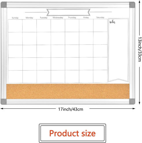 Upgraded Monthly Calendar Dry Erase White Board & Cork Bulletin Board, 13" x 17" Aluminum Frame, Organizing Space
