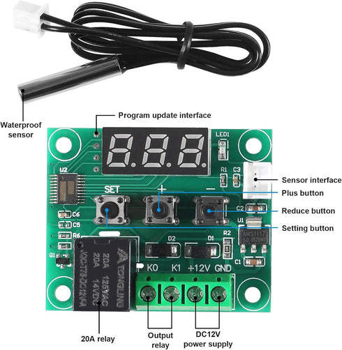 AEDIKO W1209 12V -50-110C (1-Pack) DC Digital Temperature Controller Board Blue Digital Display Thermostat Electronic