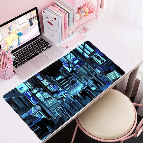 Japanese Gaming Arcade Blue Large Mouse Pad - Extended Desk Pad for Gaming Office Decor, 31.5x15.7 in