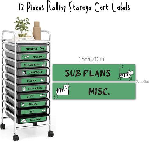 BBRGIRL 12 10 PCS Teacher Rolling Cart Labels, Drawer Storage Cart Labels for Classroom Organization, Rainbow Cat Style