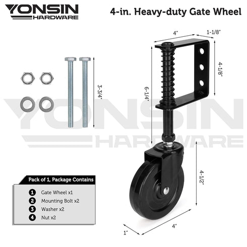 4" Heavy Duty Spring Loaded Gate Caster, Drag Gate Wheels with 360° Swivel for Wooden Gate Fence, Metal Tube Gate, Anti Sag Gate Kit, 330 Lbs Capacity, 1 Pac, Black