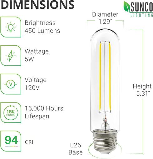 Sunco Lighting 6 Pack 5W=40W Dusk to Dawn Outdoor T10 Light Bulbs, 2700K Soft White, E26 Base, 450 Lumens