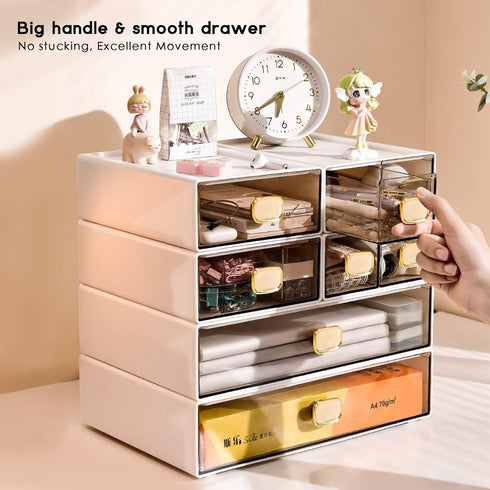 Stackable Desk Organizer with Drawer 13" Wide Stackable Storage Drawer Desk Organizer and Accessories Plastic Clear Desktop Organizer for Office, Classroom, Make Up (White, L-1 Drawer, 1 PACK) by DETEIN