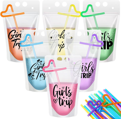 Seematn 24 Sets Girls Trip Drink Pouch Bags with Straws, Girls Weekend