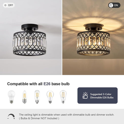 1-Light, 9 Inch Pevfah Crystal Black Ceiling Light, Modern Semi Flush Mount Ceiling Lighting Fixture, Round Hallway