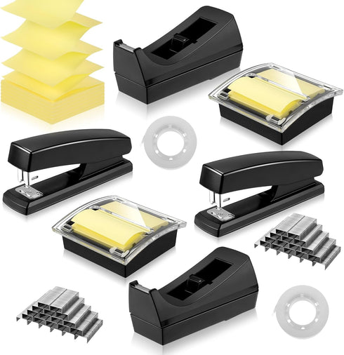Queekay Office Stapler Set - 16 Pieces Desk Accessory Kit - Includes Staplers and Tape Dispensers