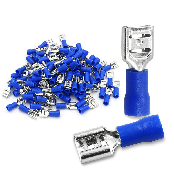 Baomain 100-Pack 1/4" Female Quick Disconnect Spade Terminals - Insulated Crimp Connectors 16-14 AWG (Blue)