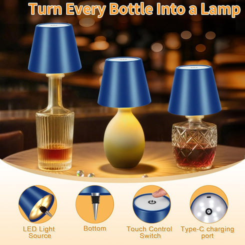 3 Dimmable, 5H 48H Rechargeable Wireless Bottle Lamp - Color Stepless Metallic Blue Lampshade, Bright Light or Soft