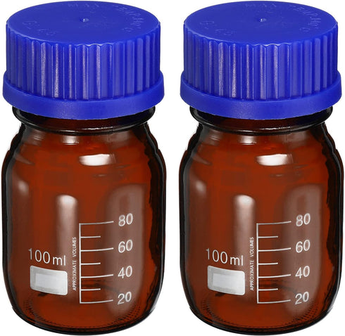 PATIKIL 100mL Amber Reagent Media Bottle, 2 Pcs Round Graduated Glass Storage Bottle with Blue Screw Cap