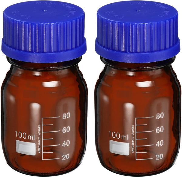 PATIKIL 100mL Amber Reagent Media Bottle, 2 Pcs Round Graduated Glass Storage Bottle with Blue Screw Cap