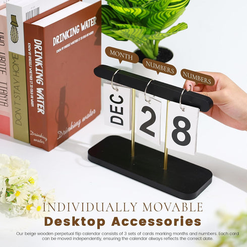 Roucerlin Countdown Wood & Metal Perpetual Flip Calendar, Reusable Wooden Desk Calendar Standing Flip, Daily Desk