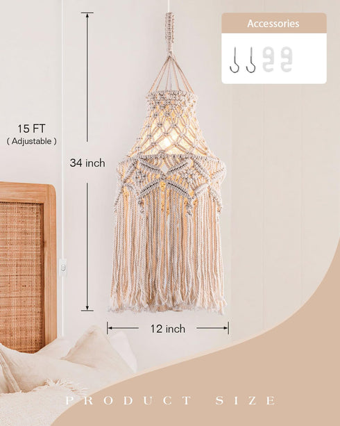 Boho Plug in Pendant Light Macrame Lamp Shade, Hanging Lamp with Plug in Cord,On/Off Switch,Bohemian Hanging Light