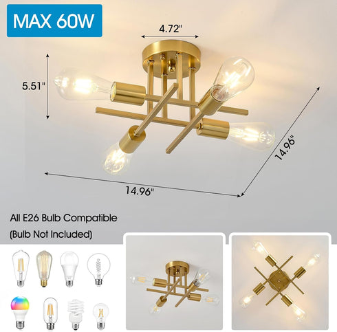 4-Light E26 (1 Pack) EGM Gold Semi Flush Mount Ceiling Light, Modern Kitchen Light Fixture with Base, Ceiling Lamp