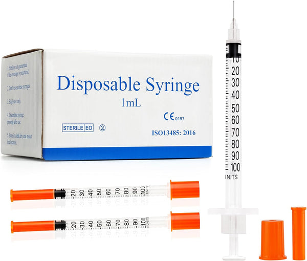 1ml Syringe with Needle, 31G 5/16 Inch, Individually Wrapped, Pack of 100