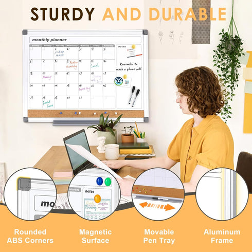 MAKELLO Dry Erase Calendar for Wall, Whiteboard Calendar with Cork Board for Office, Home, School, Family, Kitchen,