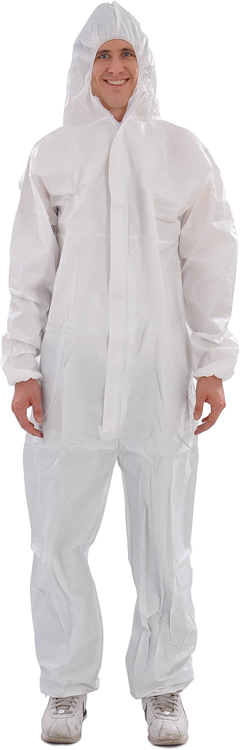 30203 Microporous Disposable Coveralls - Protective Hooded Suit for Chemical Industrial, X-Large, White