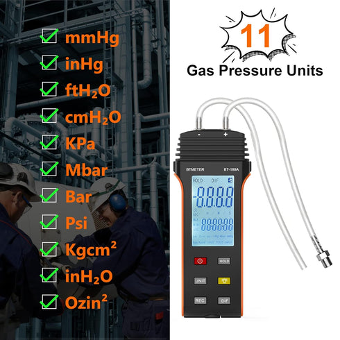 BTMETER Manometer HVAC Gas Pressure Tester 189A, Dual-Port Air Pressure Meter Gauge with Hose Kit
