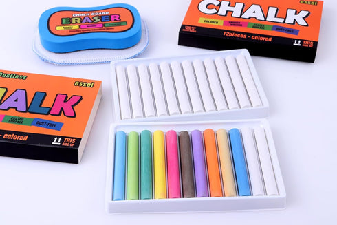 Essel Non-Toxic Dustless Chalk (12 Colored, 12 White) & Microfiber Chalkboard Eraser - Washable & Reusable