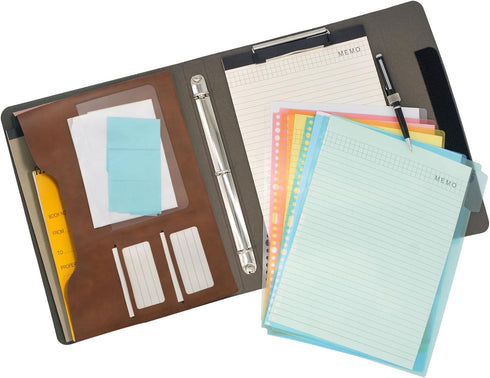 Binder Portfolio Organizer Case with 3-Ring Binder, Padfolio, Clipboard, Color File Folders (Brown, Standard)