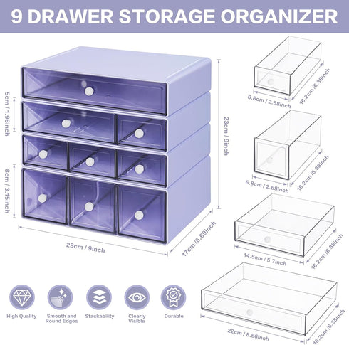 Desk Storage Organizer with 9 Drawers, FODIENS 4 Tiers Stackable Desktop Craft Storage Drawers for Makeup Jewelry