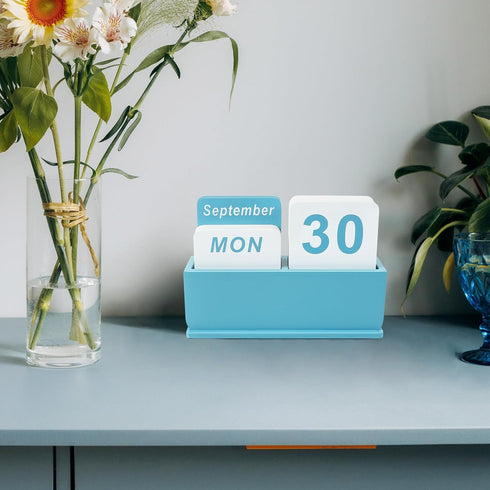 DEERINE Wooden Block Perpetual Calendar for Desk, Daily Desktop Standing Flip Calendar with Large Display, Modern
