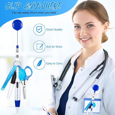 Glenmal 72 Pcs Badge Reel Pen Mini Highlighter Nurse Pens Set with Mini Scissors, LED Keychain Clip