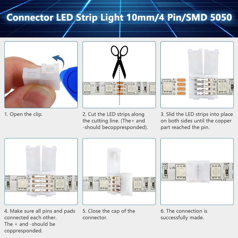 4-Pin 10mm RGB LED Light Strip Connectors, 100 Pieces Solderless Adapter Terminal for SMD 5050 RGB Strips