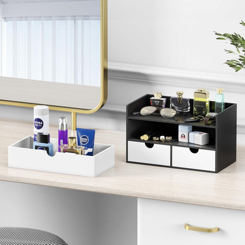 Wisuce Desk Organizer with Drawers, Bamboo Desktop Storage for Makeup Dresser, No Assembly Required
