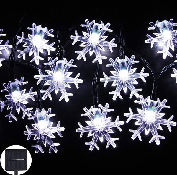 Solar Christmas String Lights Outdoor Waterproof, 30 LED 20Feet Snowflake Fairy Lights with 8 Lighting Modes for Garden