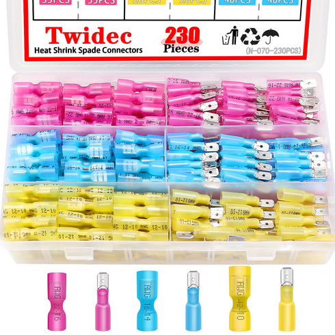 Twidec 230PCS Heat Shrink Spade Connectors Kit, 22-10 AWG, Fully Insulated Electrical Wire Crimp Connectors