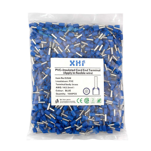 XHF 1000 PCS AWG 14/2.5mm² Wire Ferrules Insulated Copper Crimp Connectors, Blue Crimp Pin Terminals