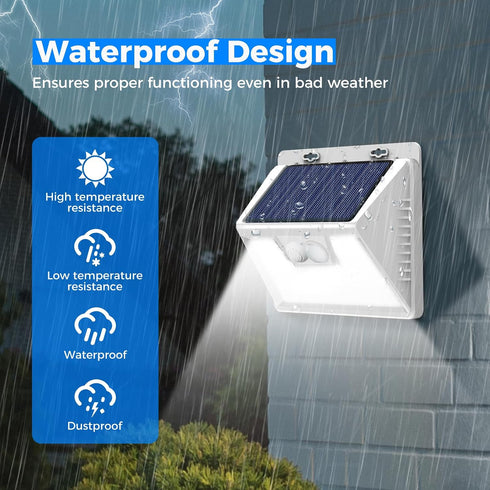2 Pack 140 Peasur Solar Powered Lights Outdoor Motion Sensor, LED Fence Light Waterproof, White Frame Security Wall
