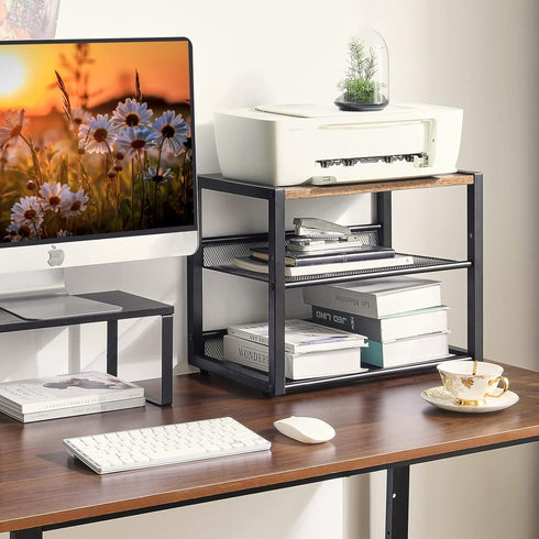 YMYNY 3 Tiers Desktop Printer Stand, Adjustable Storage Shelves for Home Office, Rustic Brown