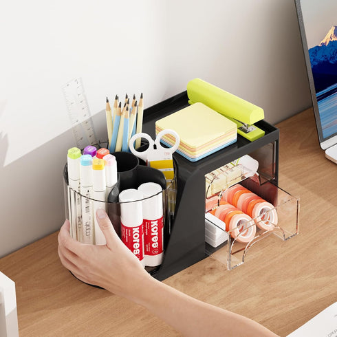 Marbrasse Desk Organizer with 2 Drawers, 360° Rotating Pen Holder, 6 Slots Pencil Organizer, Art Supply Storage (Black)