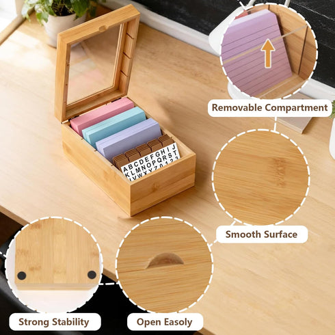 Zonvium 3x5 4 1200 Bamboo Index Card Holder, Bamboo Index Note Business Card Box with Lid, Recipe Box with Lid