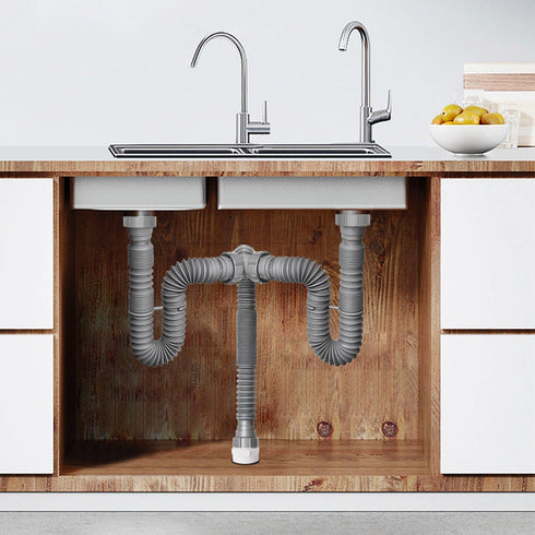 Double Sink Drain Kit, Flexible Sink Drain Pipe P Trap 1-1/2 & 1-1/4 Fits Kitchen Bathroom, Gray