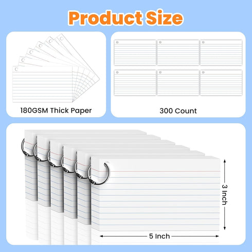 WAYISUL 600 Count 3x5 Inch White Index Cards with Ring, Heavy Weight Flash Cards, Note Taking Supplies, Portable Note