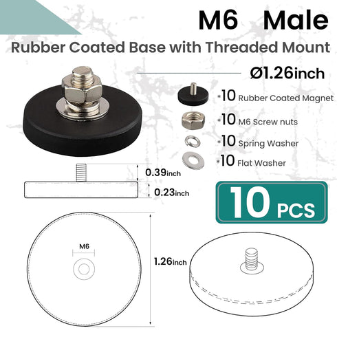 10Pack M6 ULIBERMAGNET Anti-Scratch Neodymium Magnet with Rubber Coated and Male Thread,Super Strong Magnetic Mounting
