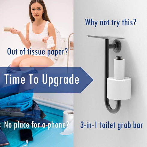 SAFETY+BEAUTY 3-in-1 Stainless Steel Double Toilet Paper Holder with Heavy Duty Grab Bar and Top Shelf for Wet Wipes