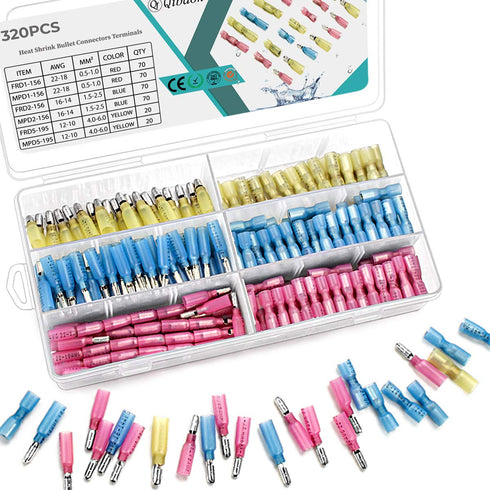 Qibaok 320PCS Heat Shrink Bullet Connectors Kit, Female & Male Bullet Butt Terminals for Waterproof Electrical