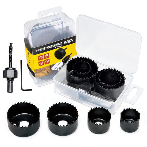 KATA 6PCS Hole Saw Kit 1-1/4" to 2-1/8"(32-54mm) with Mandrels and Hex Key in Case for Soft Wood, PVC Board, Plywood