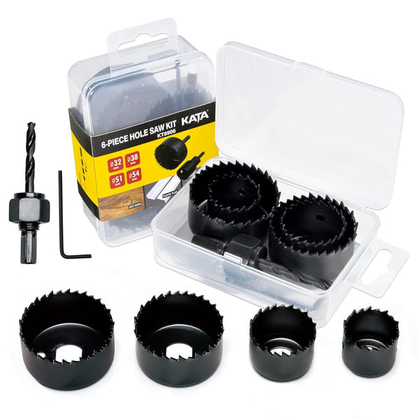 KATA 6PCS Hole Saw Kit 1-1/4" to 2-1/8"(32-54mm) with Mandrels and Hex Key in Case for Soft Wood, PVC Board, Plywood