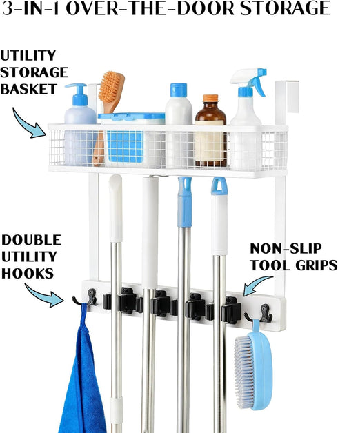 4 4 Lorbro Over the Door Broom Holder with Cleaning Supply Organizer, Wooden Mop and Broom Holder Wall Mount, Grips