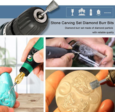 Stone Carving Set, 30PCS Diamond Burr Bits Compatible with Dremel, Polishing Kits for Carving, Engraving, Grinding