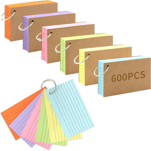 Lovppy 600PCS Index Cards,3x5 Inches Colored Flash Cards with Ring, Punched Lined