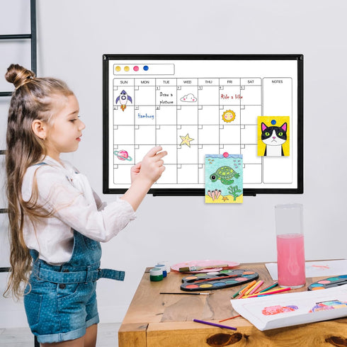 Monthly Calendar Dry Erase Whiteboard 24" x 18", Double-Sided Portable Board with Black Aluminium Frame