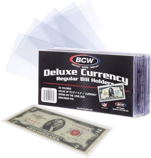 BCW Deluxe Currency Holder, Regular Bill (Dollar), Semi-Rigid Holder, Holds up to 6.38' x 2.78', Pack of 50
